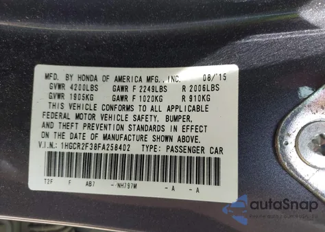 2015 Honda Accord Lx из США, поврежденный, VIN 1HGCR2F38FA258402